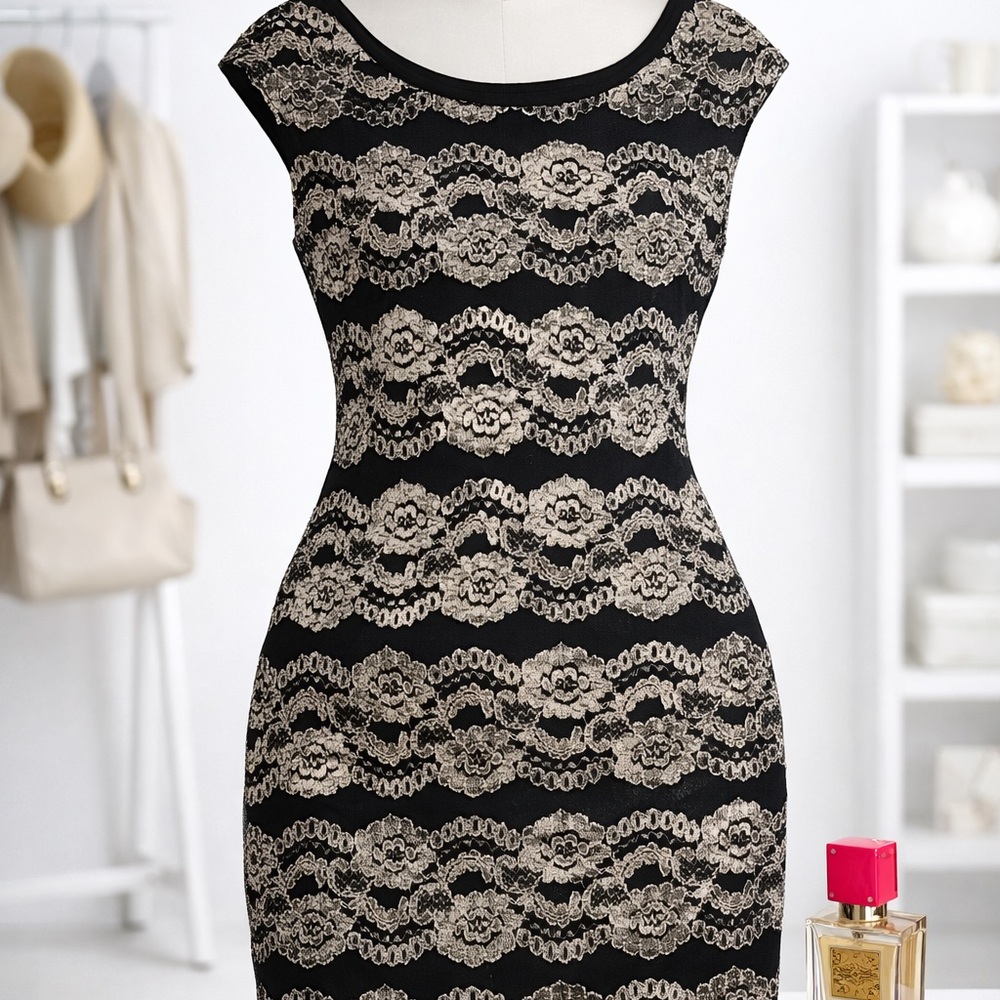 Elegant Black Gold Lace Evening Party Dress Formal Wedding Guest Size 8